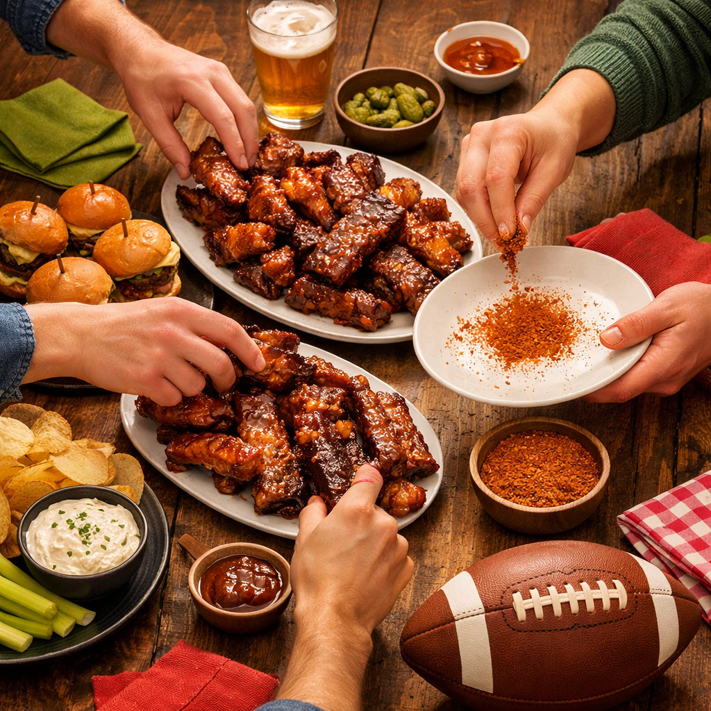 Chicken, ribs, shrimp, or steak with visible rub crust
