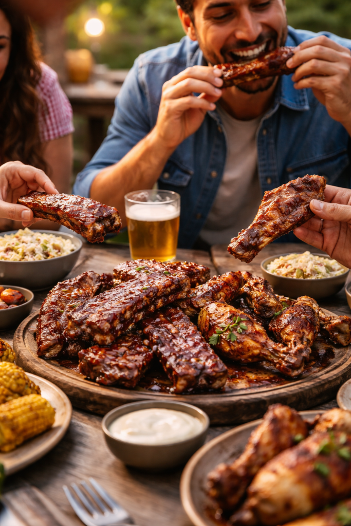 People enjoying BBQ ribs and grilled chicken at a backyard cookout