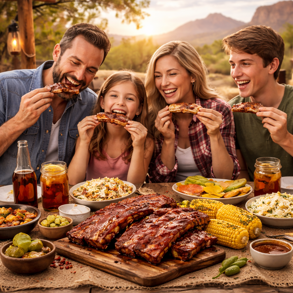 Family eating ribs with BBQ spice rub